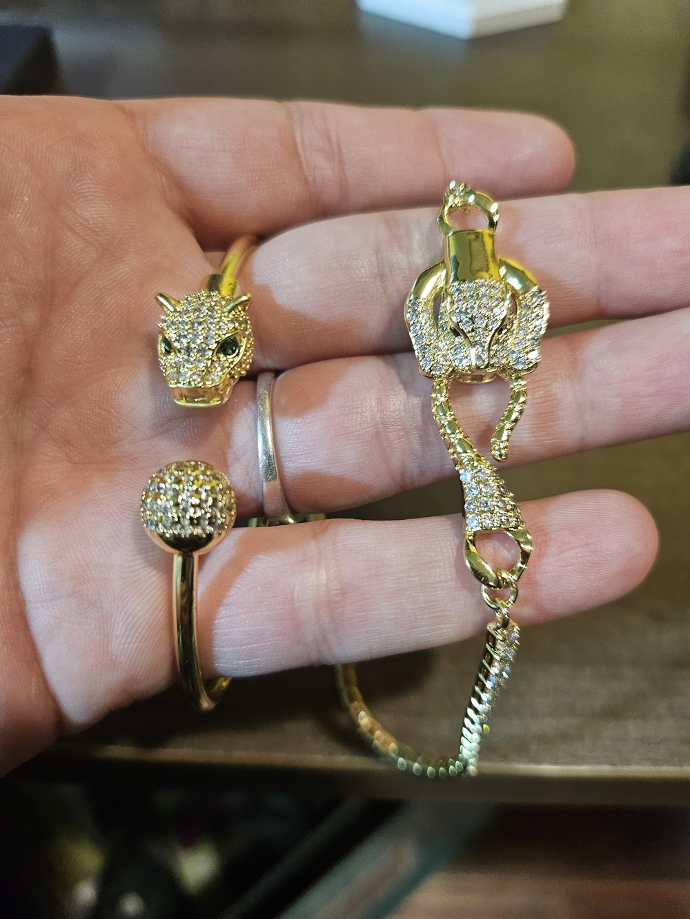 Gold-Filled Moissanite Panther Jewelry Set | Bypass Cuff & Tennis Chain